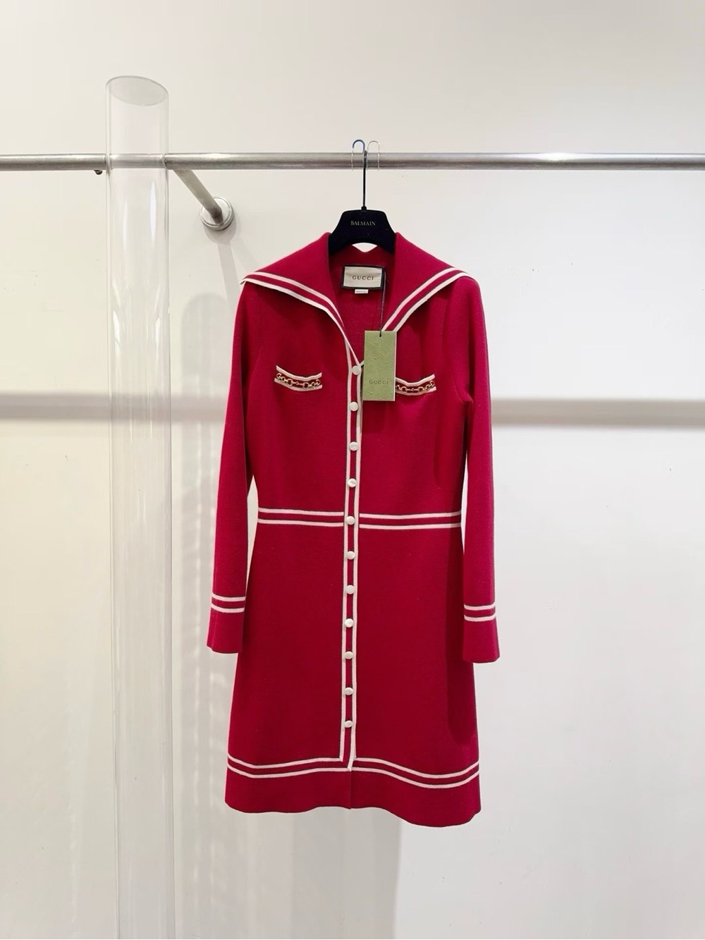 Gucci Fuchsia Sailor-Collar Long-Sleeve Knit Dress
